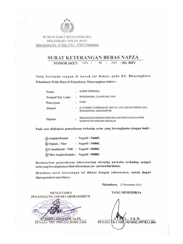 Surat Keterangan Bebas Napza | PDF