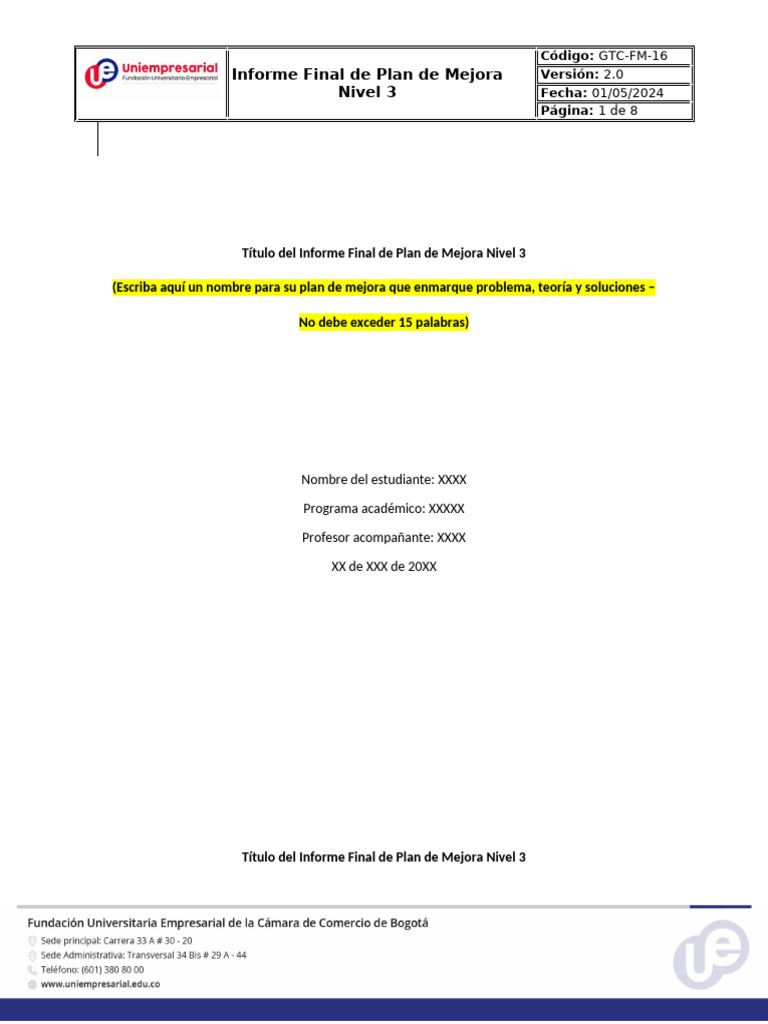 Título Del Informe Final de Plan de Mejora Nivel 3 | PDF