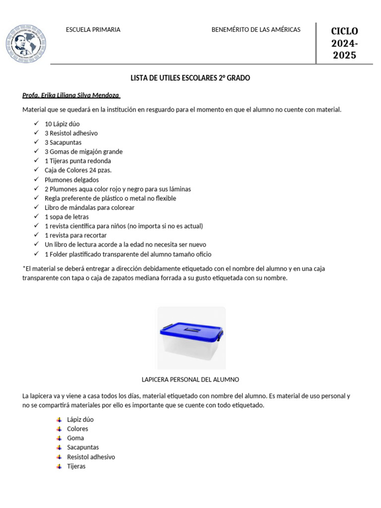 Lista de Utiles Segundo Grado | PDF
