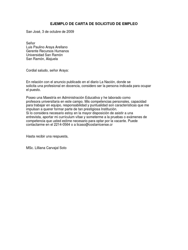 Ejemplo de Carta de Solicitud de Empleo  Recursos humanos  Sicología