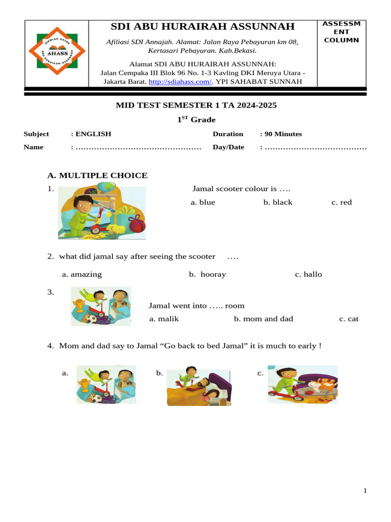 Soal Mid Test 1 KLS 1 English 2024-2025 | PDF