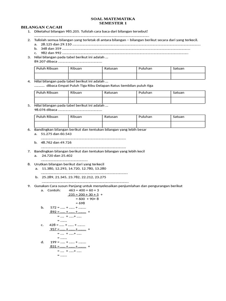 SOAL KELAS 4 5 6 MATEMATIKA Bilangan Cacah | PDF