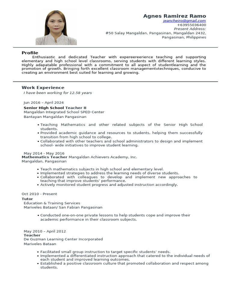 Agnes Ramo CV | PDF | Teachers | Schools