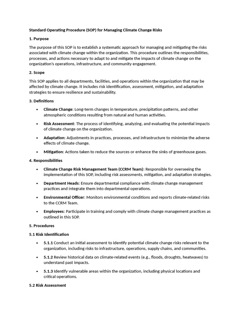 Standard Operating Procedure (SOP) For Managing Climate Change Risks | PDF