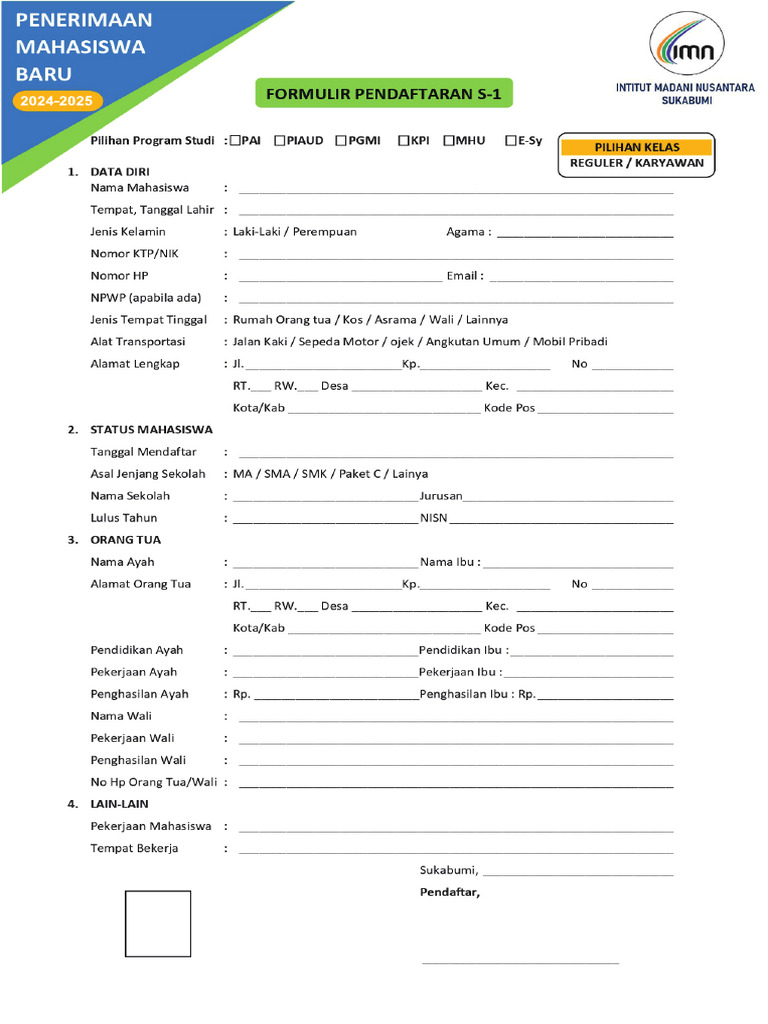 FORMULIR PENDAFTARAN S-1 IMN 2024-2025 | PDF