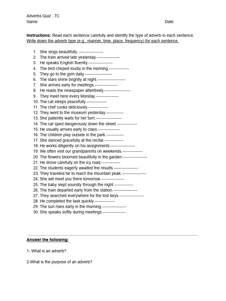 Adverbs Quiz - 7C | PDF