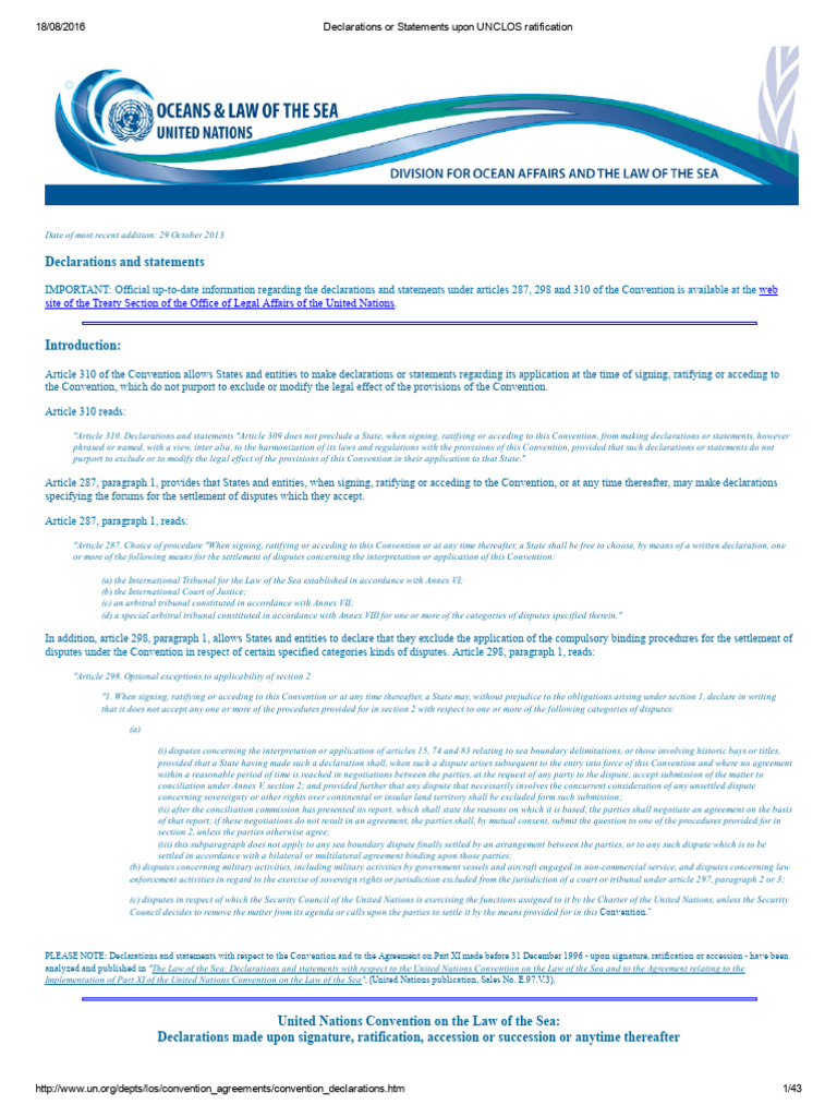 Declarations or Statements Upon UNCLOS Ratification | PDF