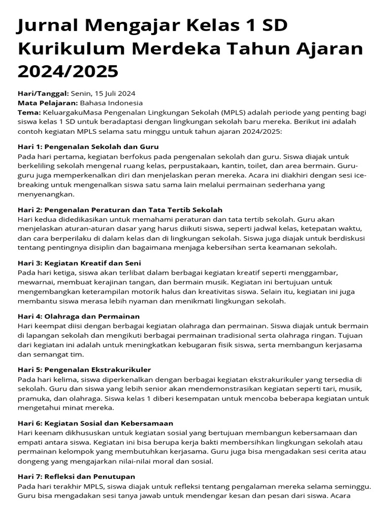 Jurnal Mengajar Kelas 1 SD Kurikulum Merdeka Tahun Ajaran 20242025 | PDF