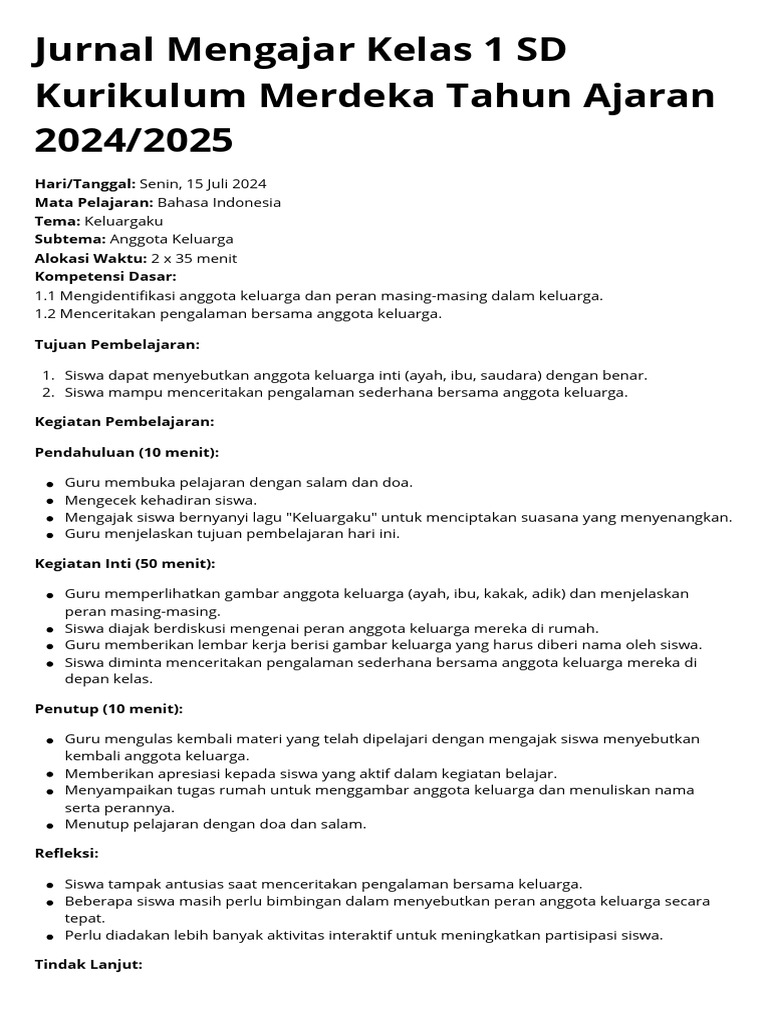 Jurnal Mengajar Kelas 1 SD Kurikulum Merdeka Tahun Ajaran 20242025 | PDF