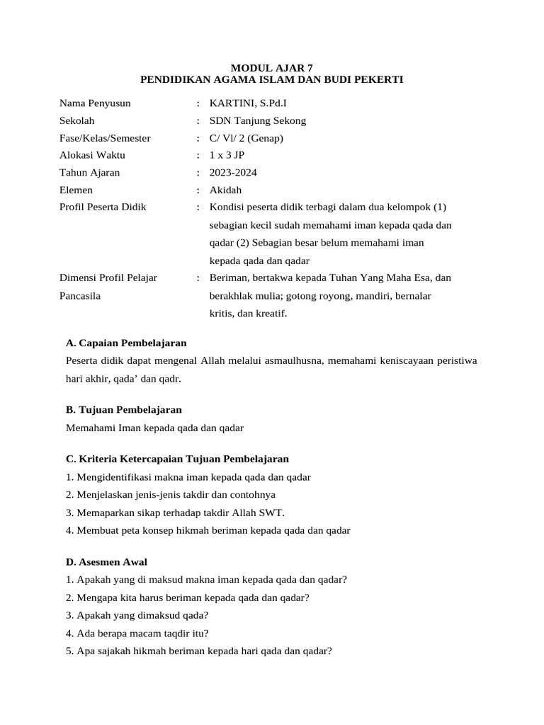 Modul Ajar 7 Pai SD KLS Vi Sem 2 | PDF