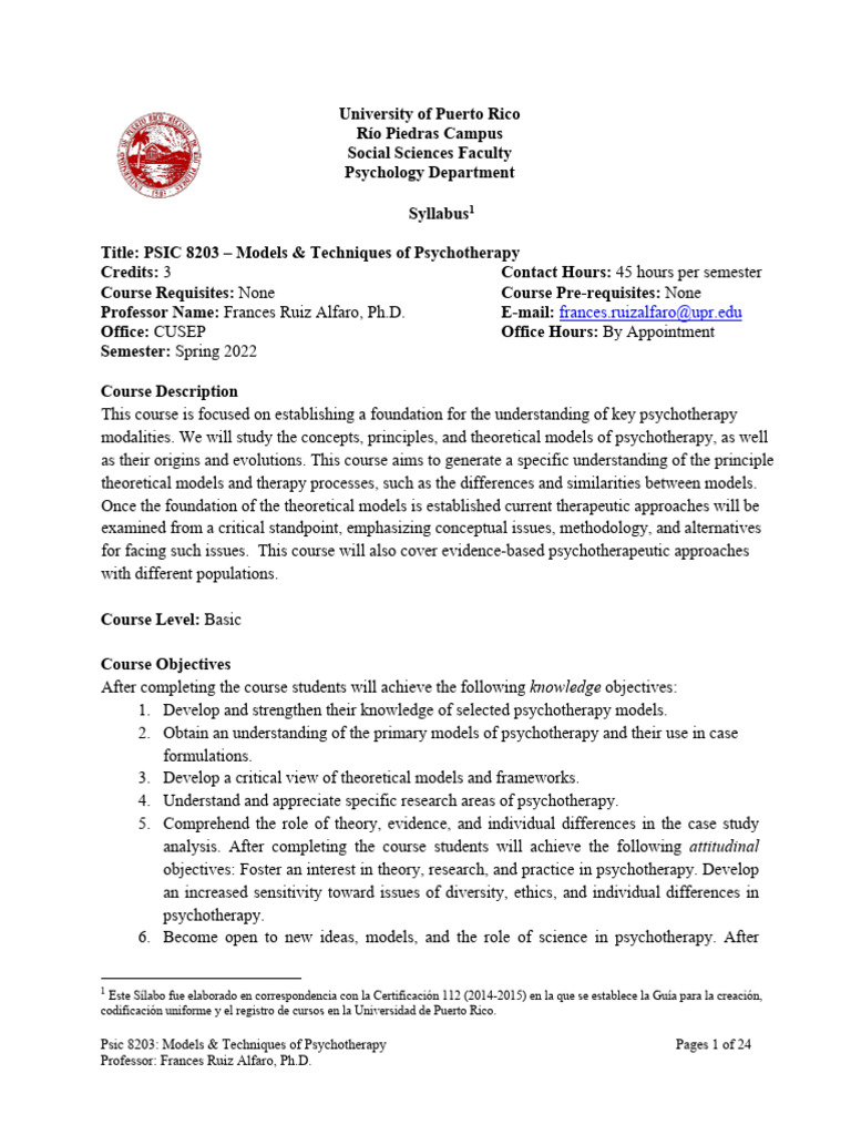 PSIC 8203 Models & Techniques of Psychotherapy Rev | PDF