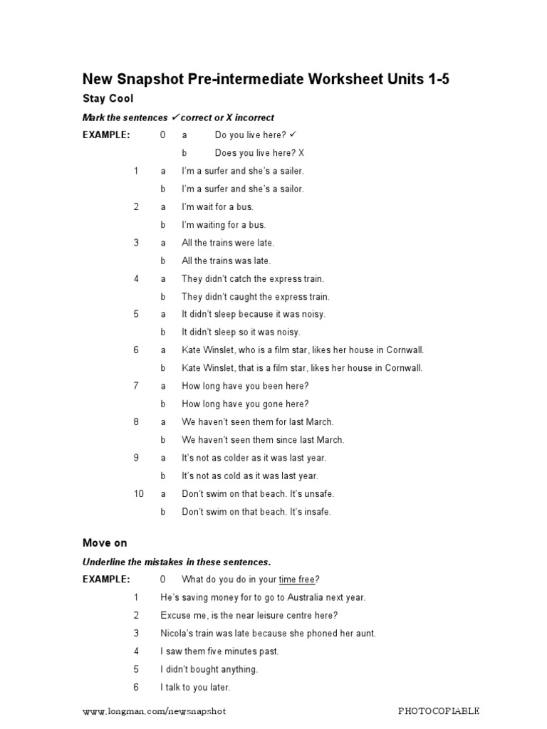 New Snapshot Pre-Intermediate Worksheet Units 1-5: Stay Cool | PDF