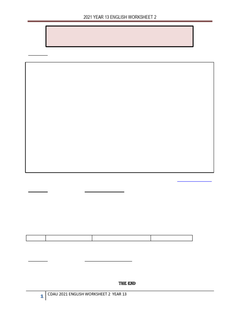 Year 13 English Worksheet | PDF