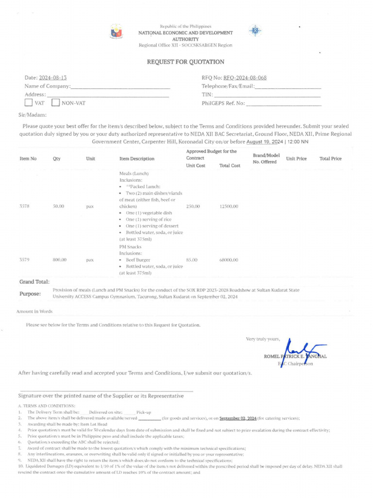 Provision of meals_Lunch and PM Snack_for the conduct of the SOX RDP ...