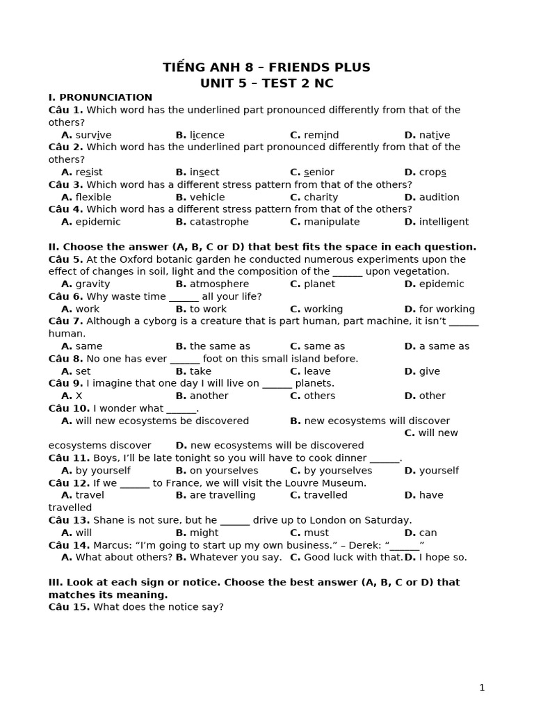Tieng Anh 8 Friends Plus - Unit 5 - Test 2 Nangcao | PDF
