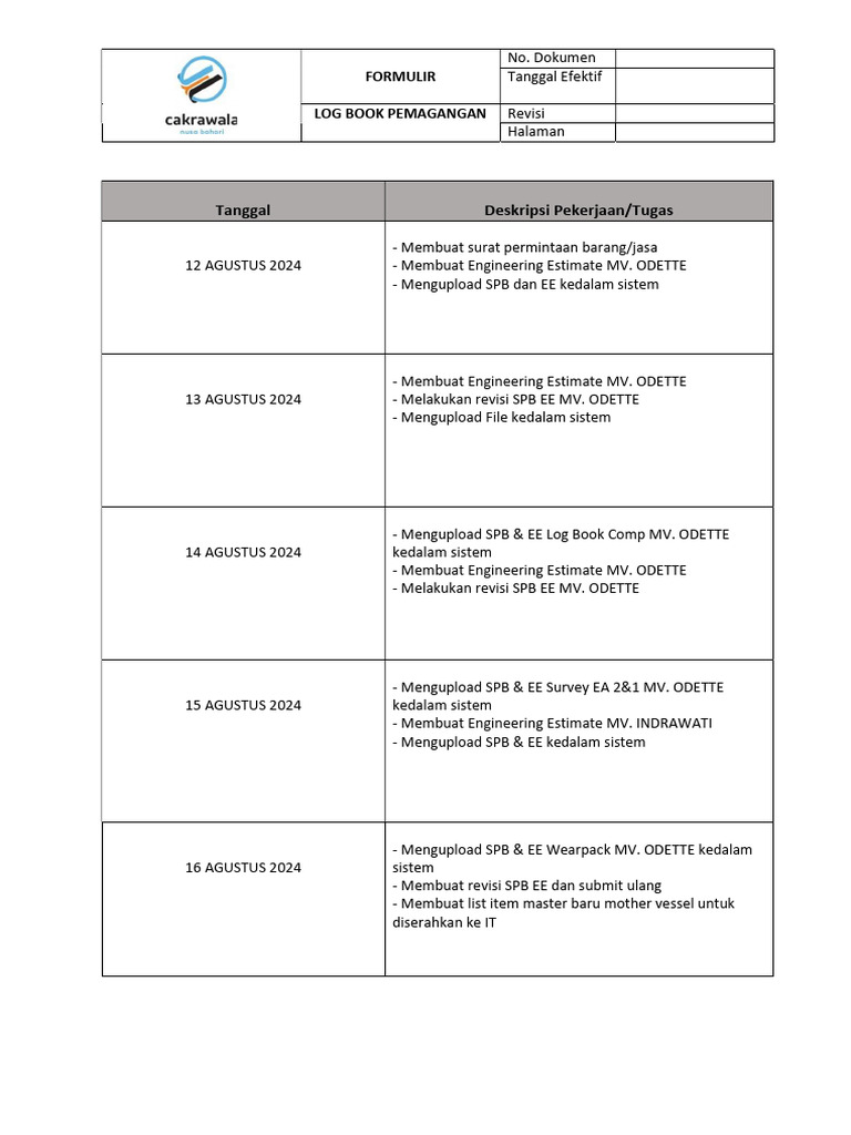 Form Log Book Magang Fina | PDF