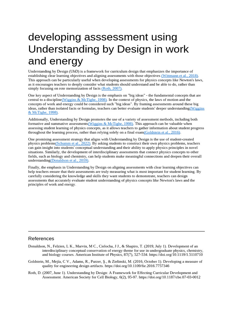 Developing Asssessment Using Understanding by Design in Work and Energy ...