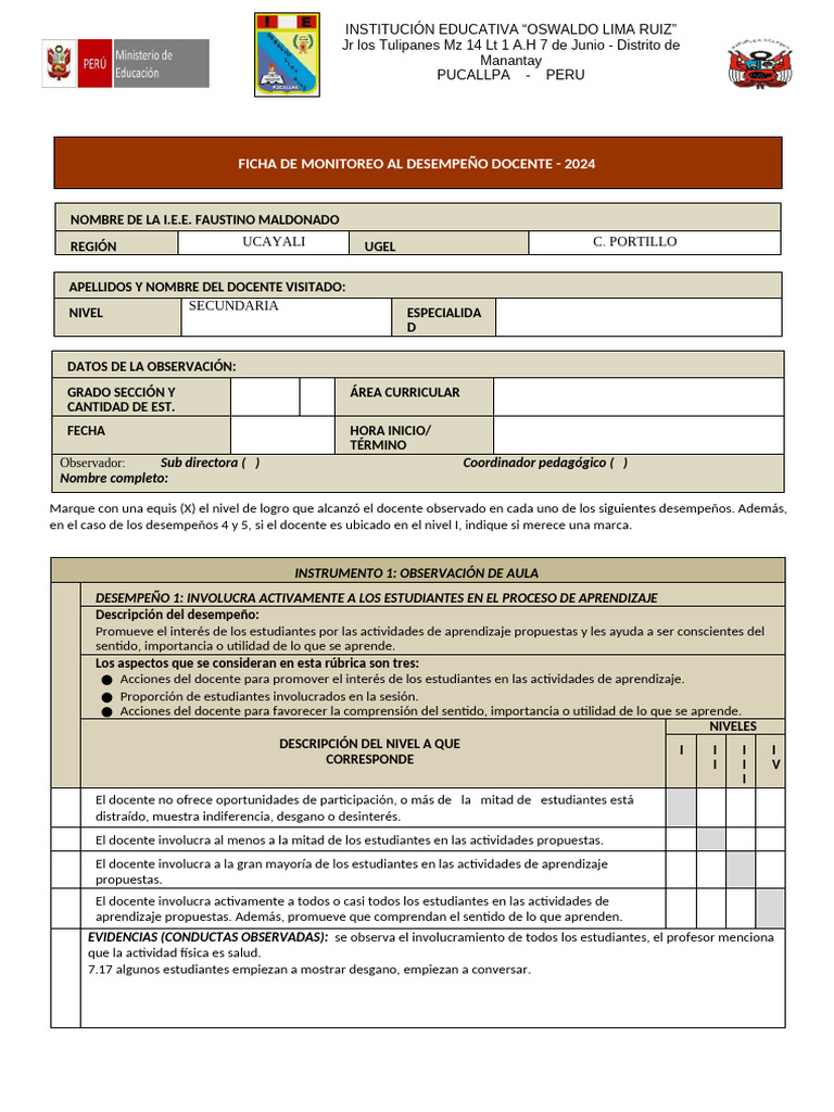 Ficha de Monitoreo Docente 2024 | PDF | Pensamiento | Creatividad