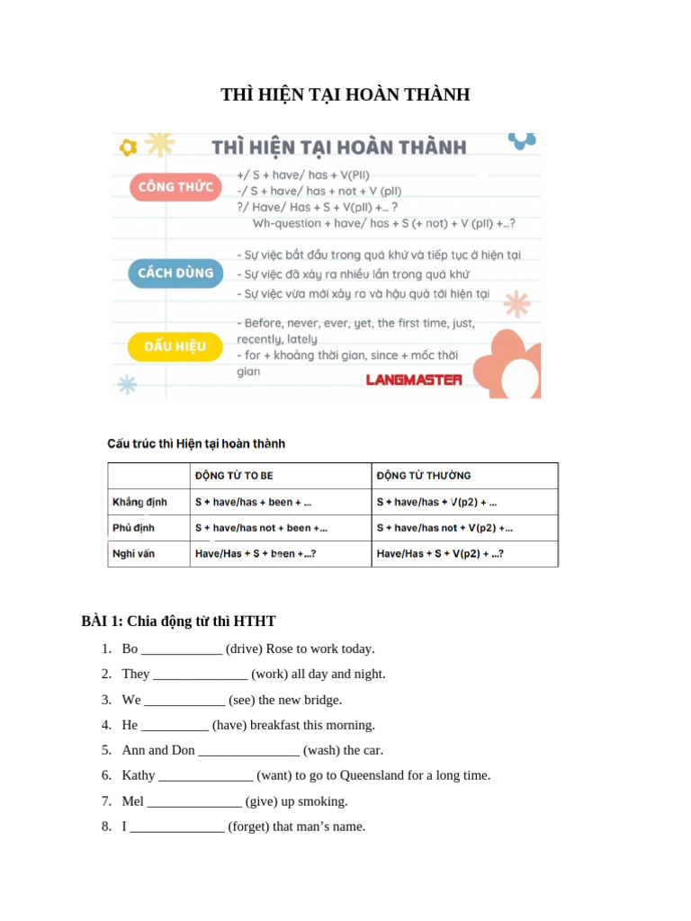 U6 - Thì HTHT Handout | PDF