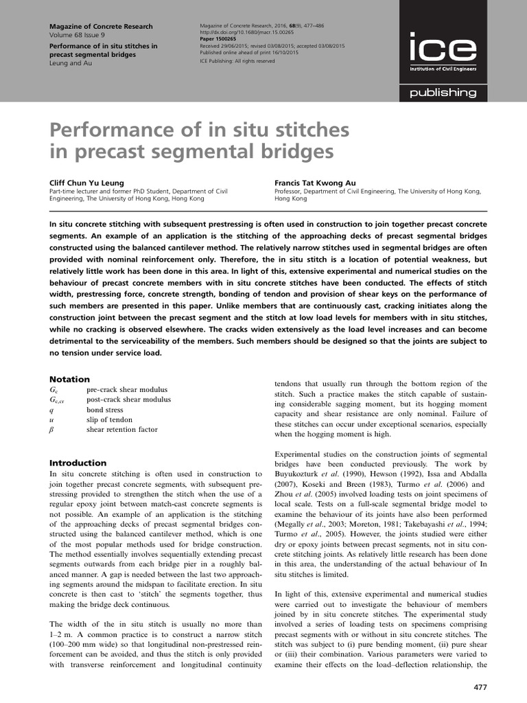 Leung Au 2016 Performance of in Situ Stitches in Precast Segmental ...