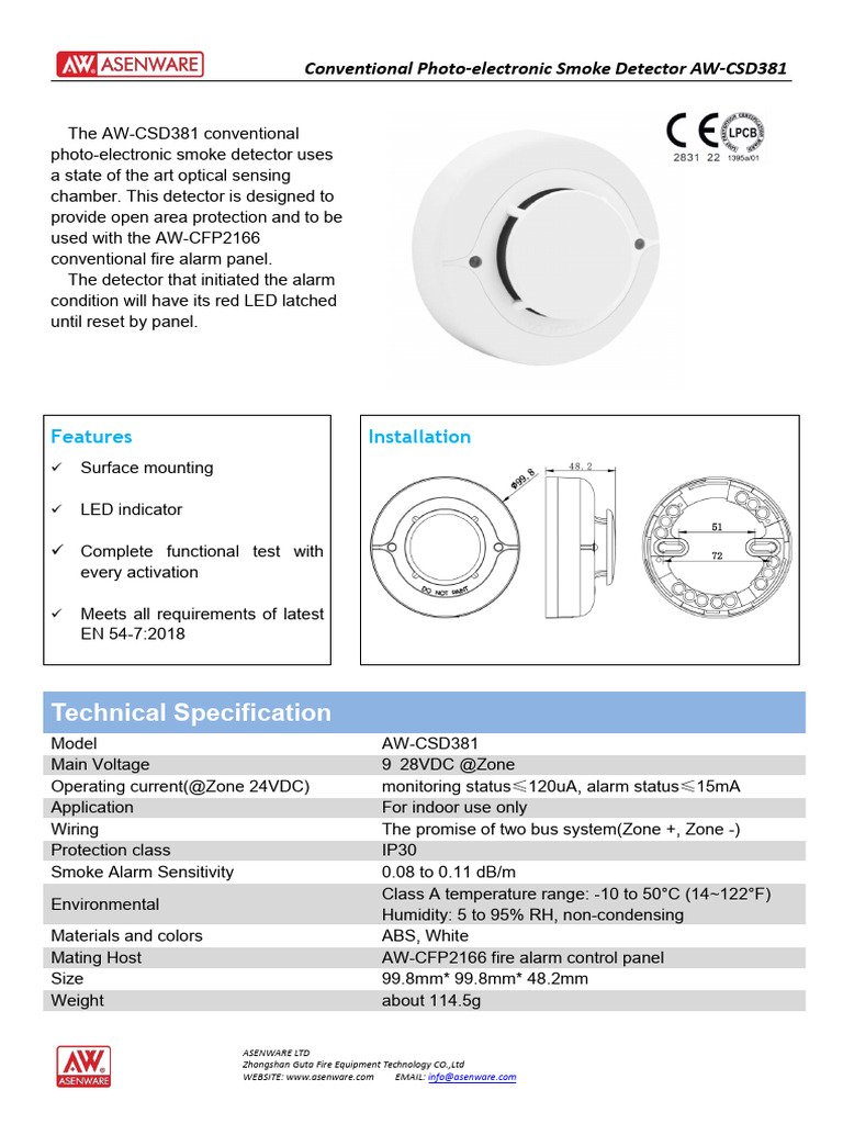 AW-CSD381 Conventional Photo-Electronic Smoke Detector Datasheet ...