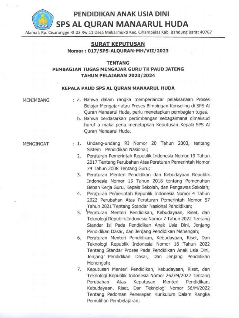 SK Tugas Mengajar Paud 2023 | PDF