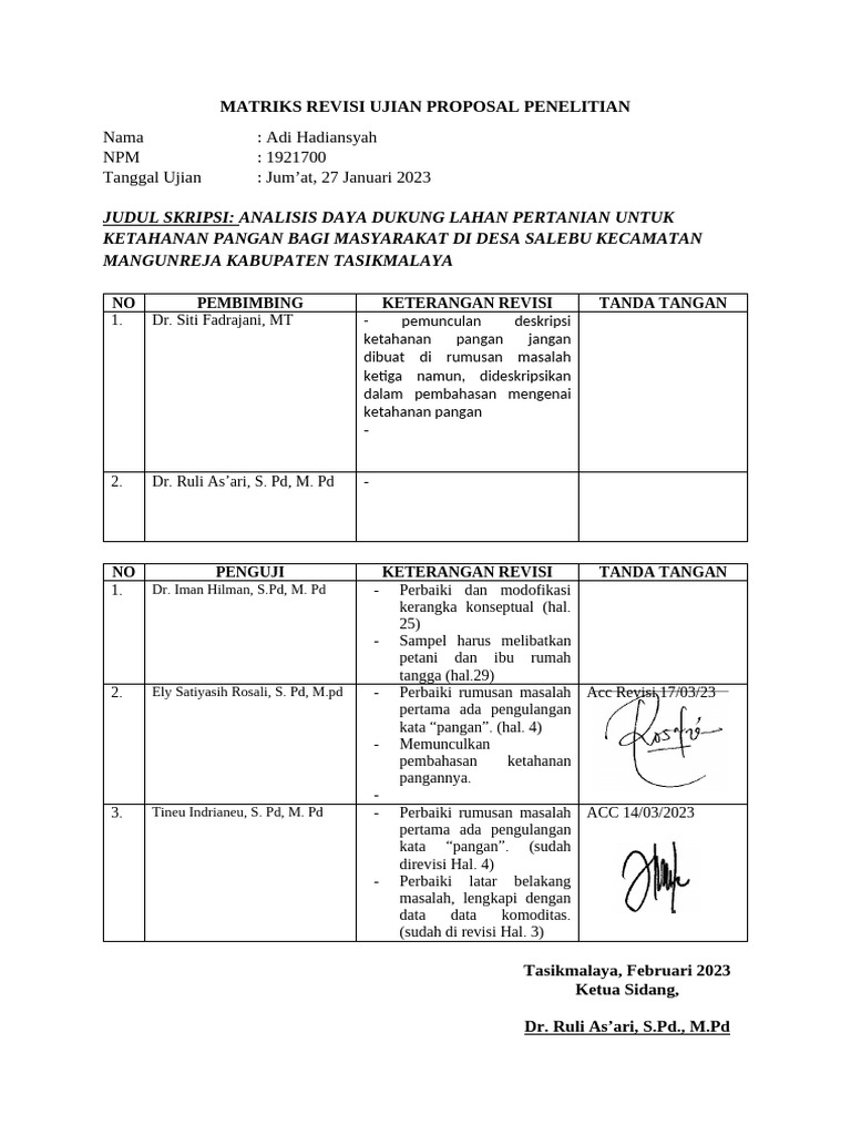 Adi Hadiansyah - MATRIKS REVISI UJIAN PROPOSAL | PDF