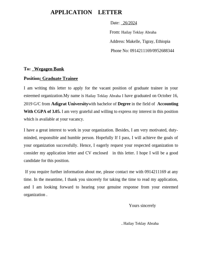 Application Letter: To: - Wegagen Bank Position: Graduate Trainee | PDF