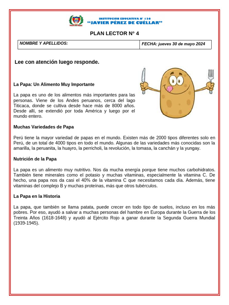 FICHA PLAN LECTOR La PAPA | PDF