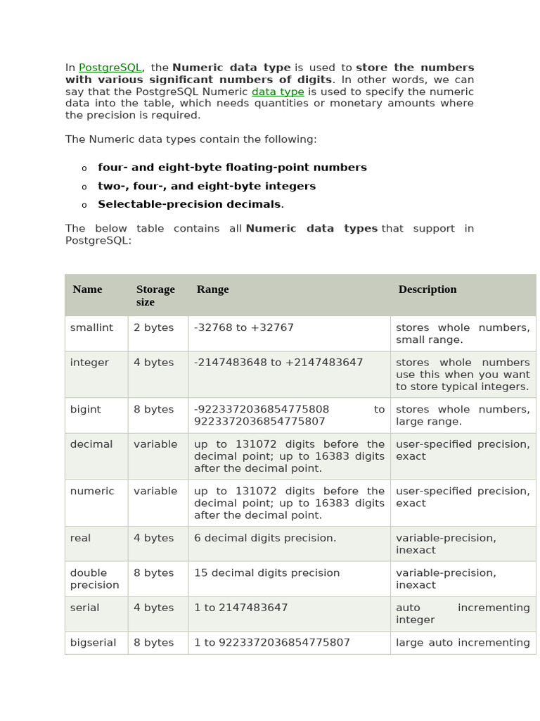 Postgresql Numeric Postgresql Numeric