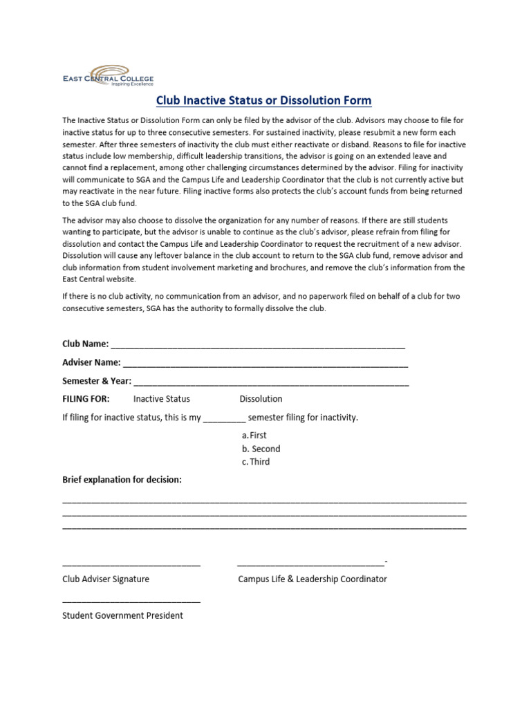 Club Inactive Status & Dissolution Form | PDF | Government