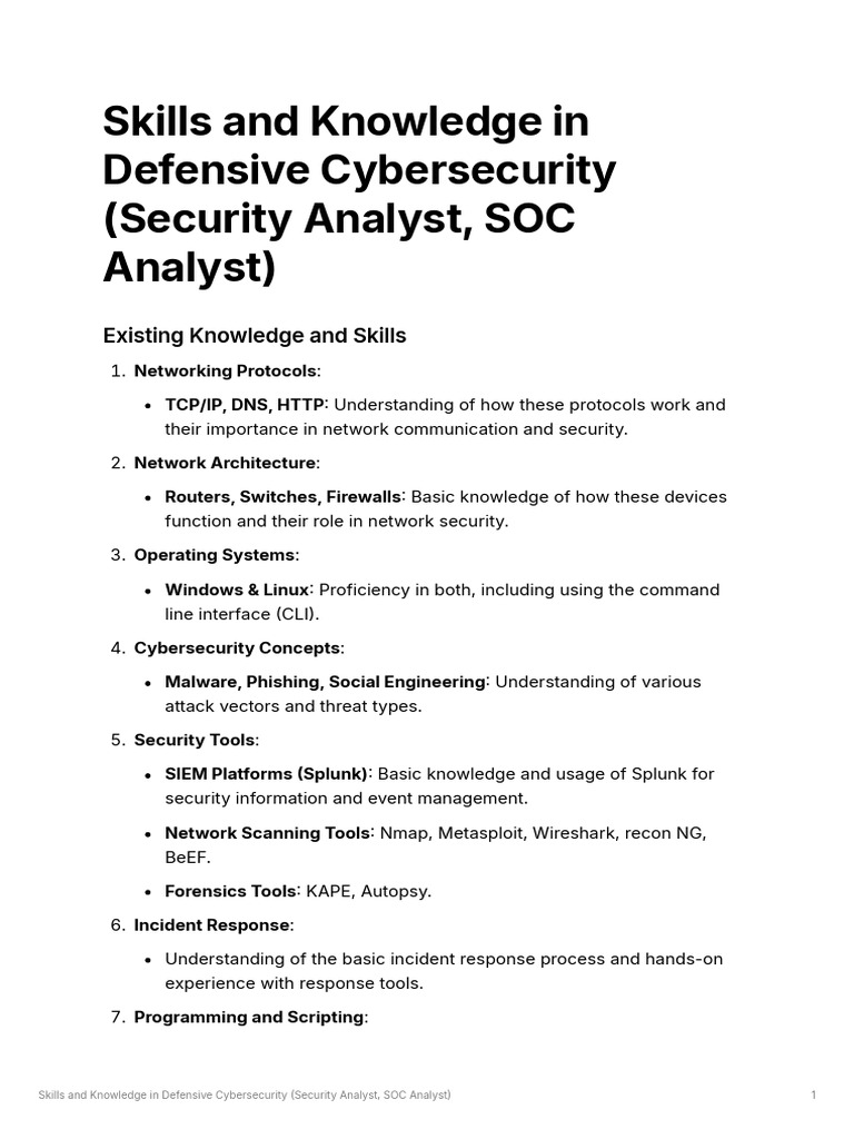 Skills and Knowledge in Defensive Cybersecurity (Security Analyst SOC ...