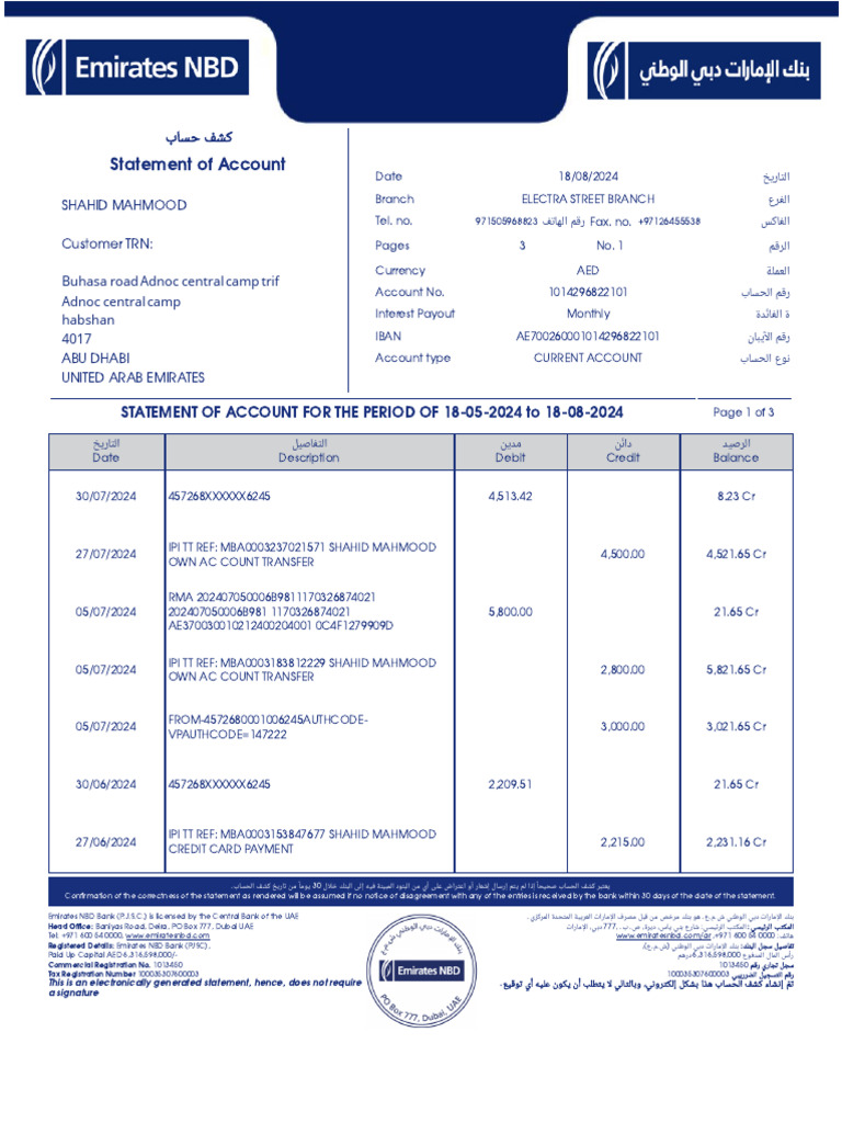 Emirates NBD Account Statement 2024 | PDF | Financial Services | Banking