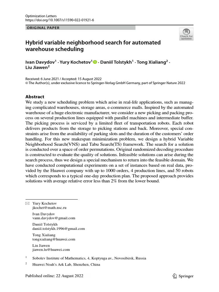 Hybrid Variable Neighborhood Search For Automated Warehouse Scheduling ...