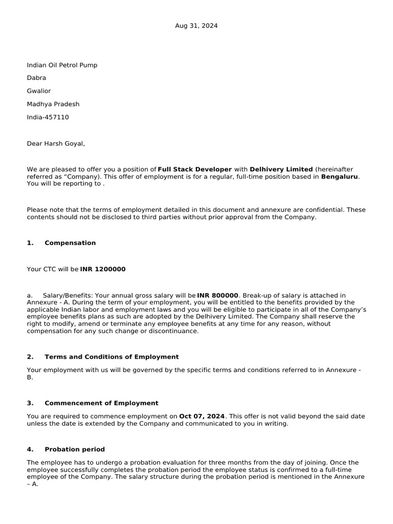 Offer - Letter - Harsh Goyal | PDF