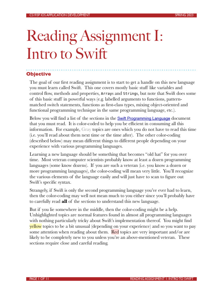 Reading Assignment I: Intro To Swift: Objective | PDF