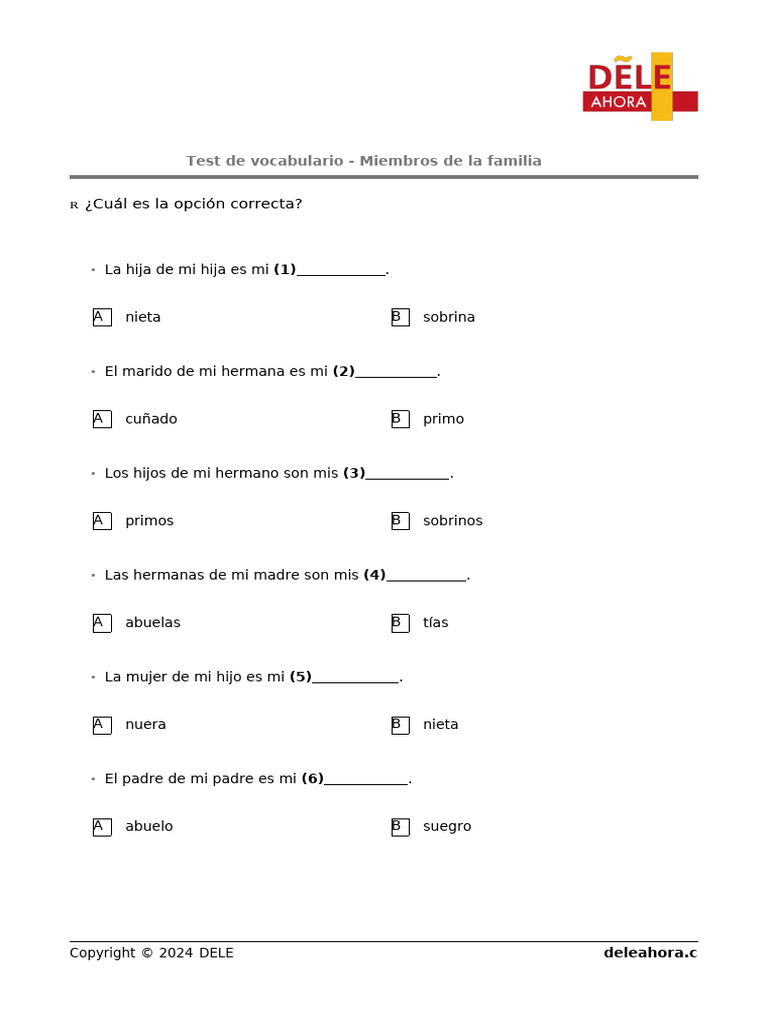 Test de Vocabulario Miembros de La Familia | PDF