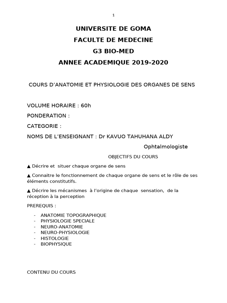 ANATOMIE ET PHYSIOLOGIE DES ORGANES DE SENS fINI | PDF