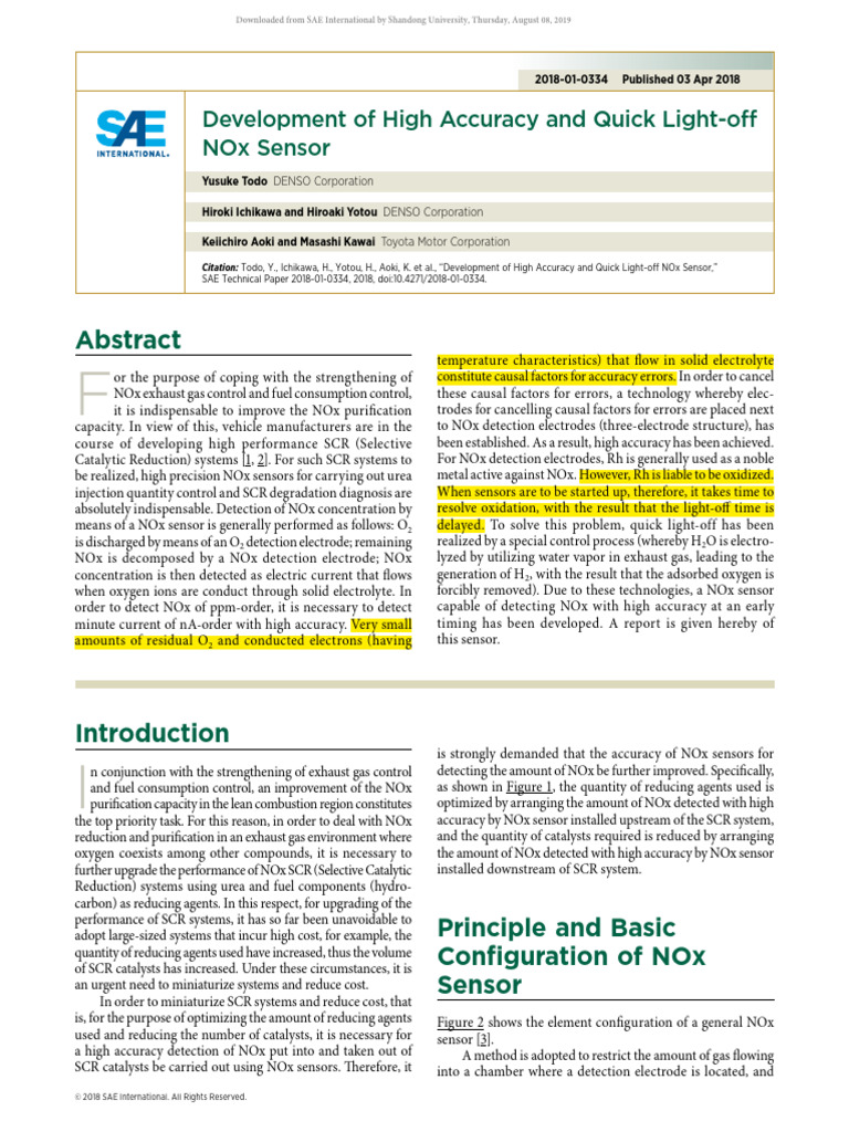 Development of High Accuracy and Quick Light-Off NOx Sensor | PDF