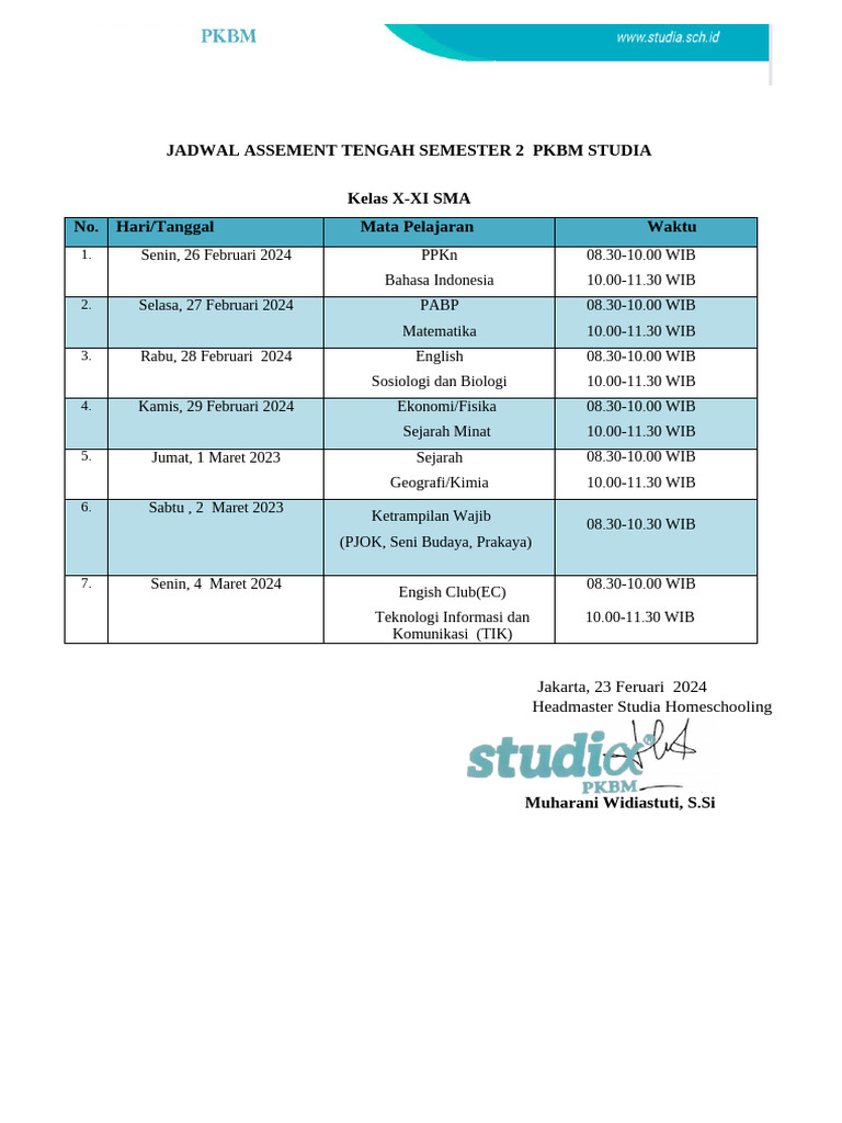 Jadwal Ujian Sumatif PAKET A, B Dan C HS Studia | PDF