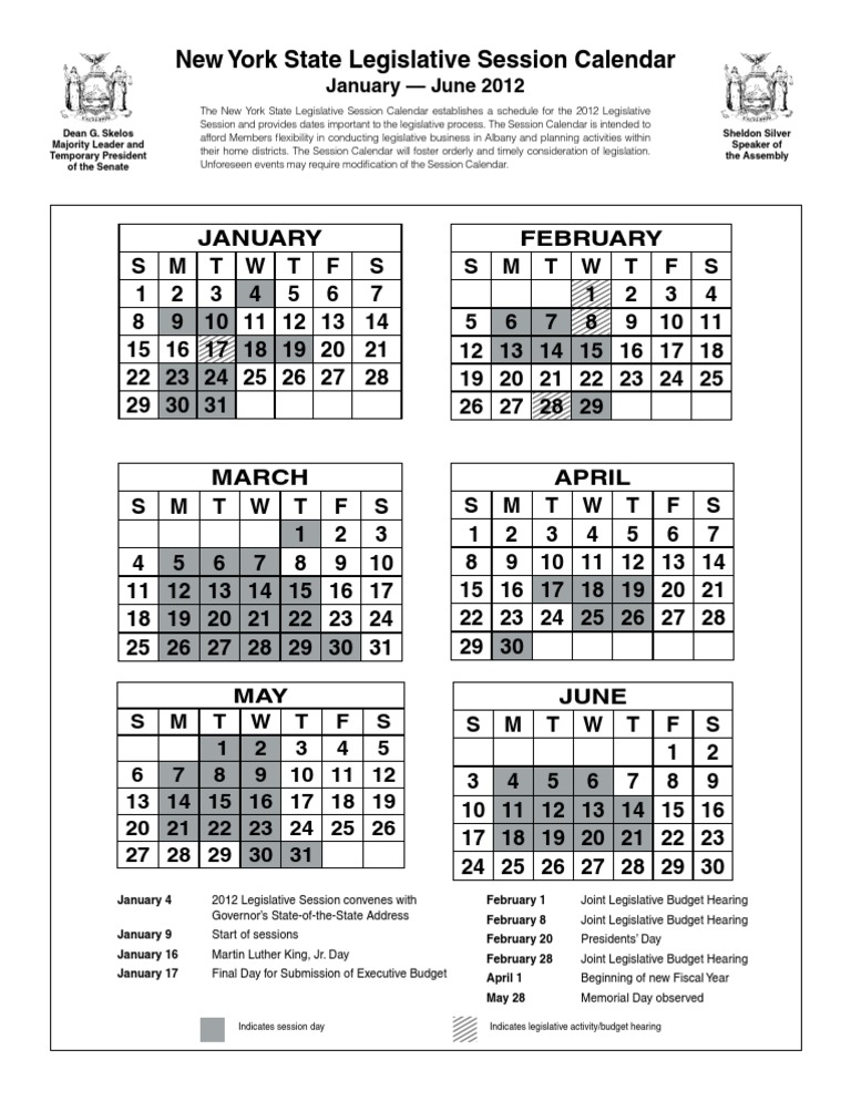 2012 New York State Legislative Session Calendar PDF