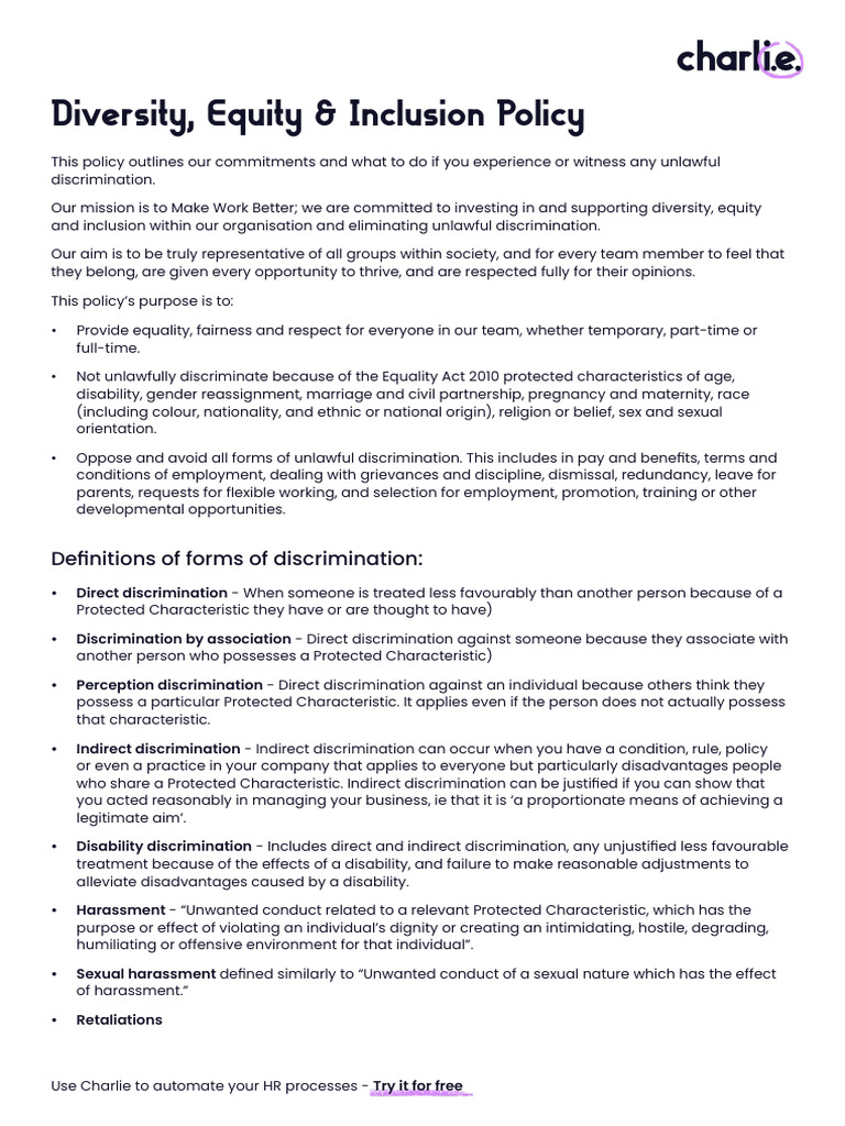 Diversity and Inclusion Policy | PDF | Discrimination | Harassment