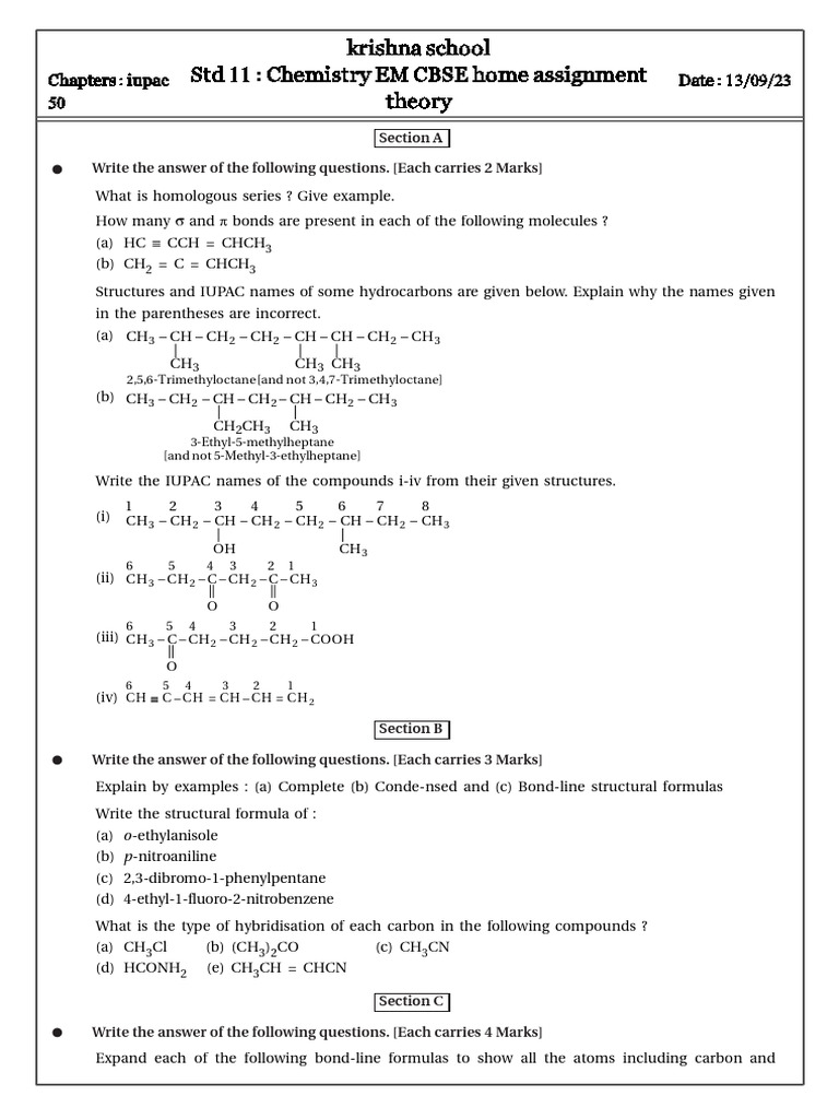 IUPAC Chemistry Assignment for Std 11 | PDF | Chemical Compounds ...