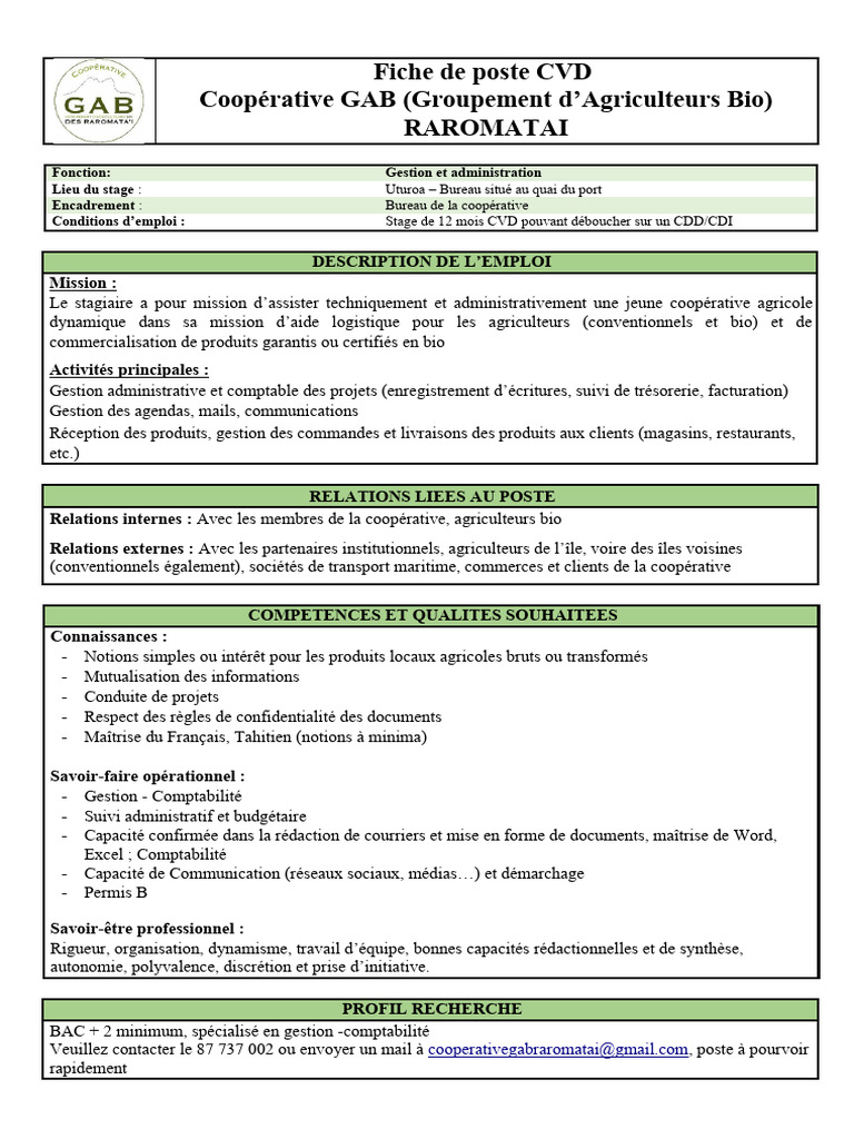 Fiche de Poste CVD Administratif | PDF