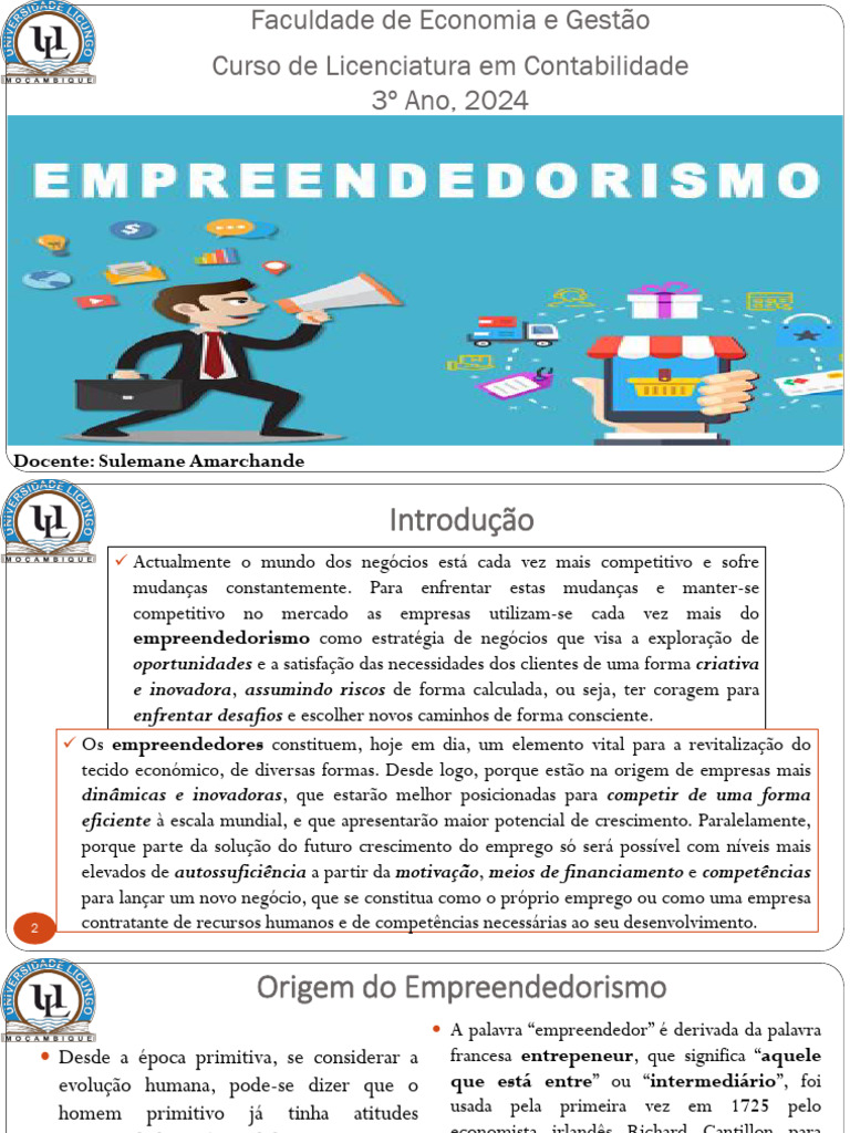 Aula 1 - Empreendedorismo, Curso de Contabilidade 3o Ano - Sulemane ...