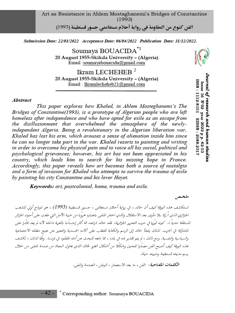 Art As A Counter Discourse To Postcolonial Trauma in Ahlem Mosteghanemi ...