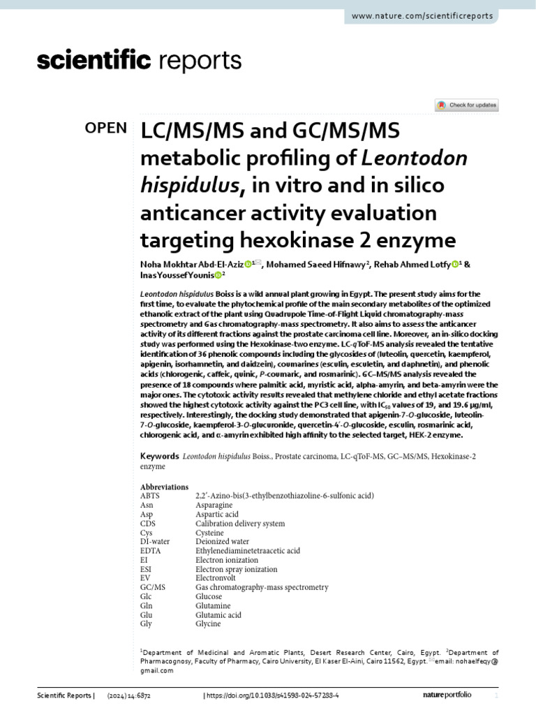 LC/MS/MS and GC/MS/MS Metabolic Profiling of Leontodon Anticancer ...