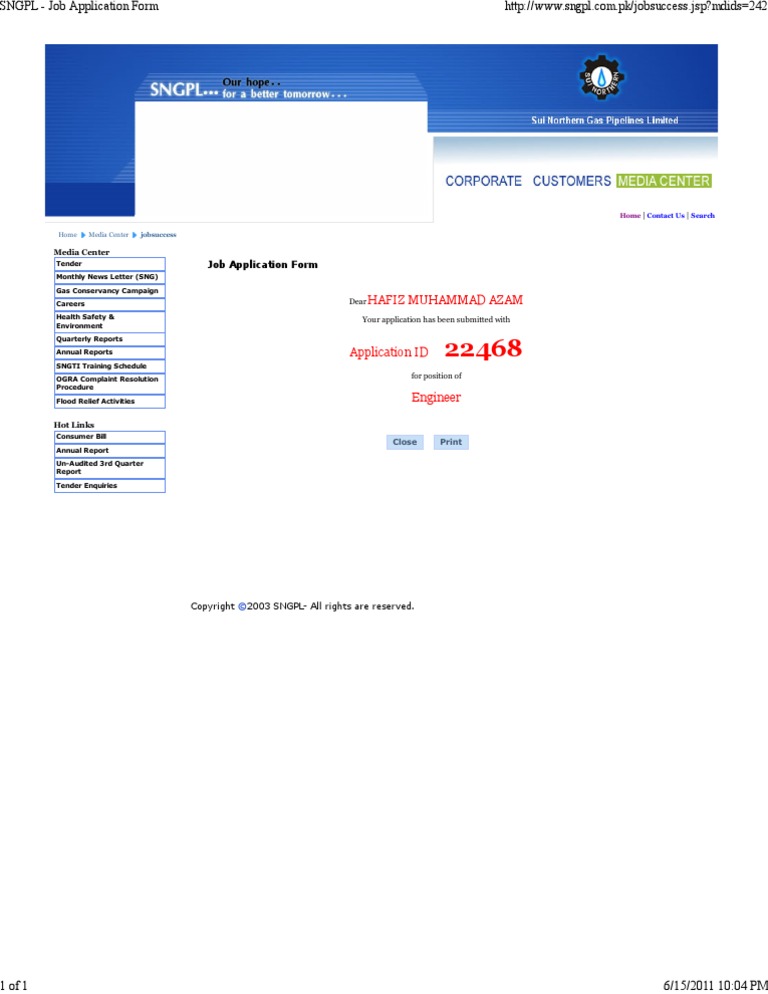 SNGPL Job Application Form