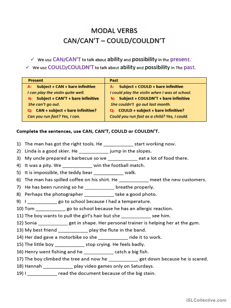 Modal Verbs Can Can T Could And Couldn T 1 Pdf