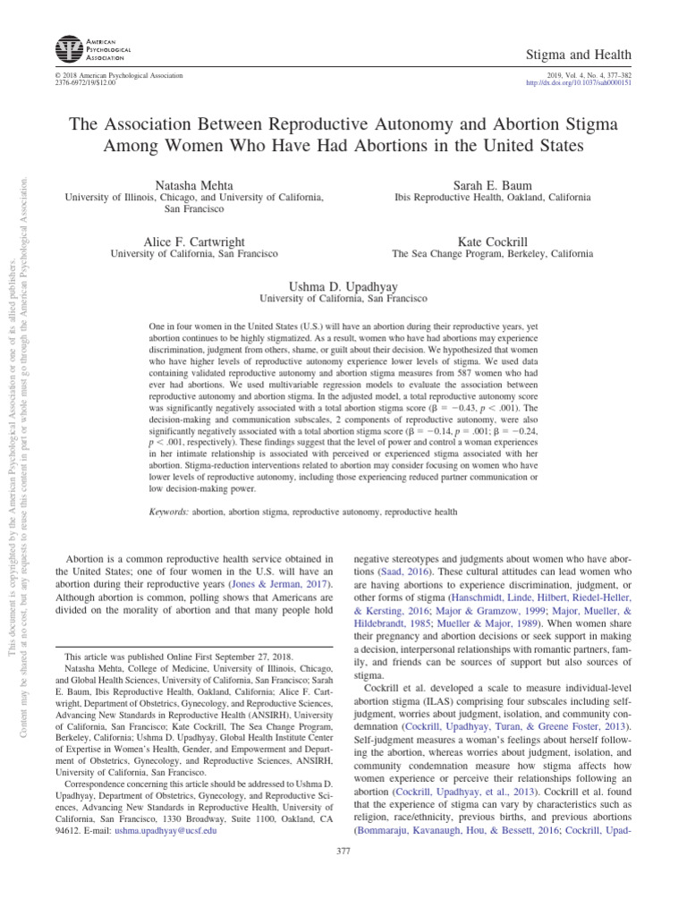 The Association Between Reproductive Autonomy and Abortion Stigma Among ...